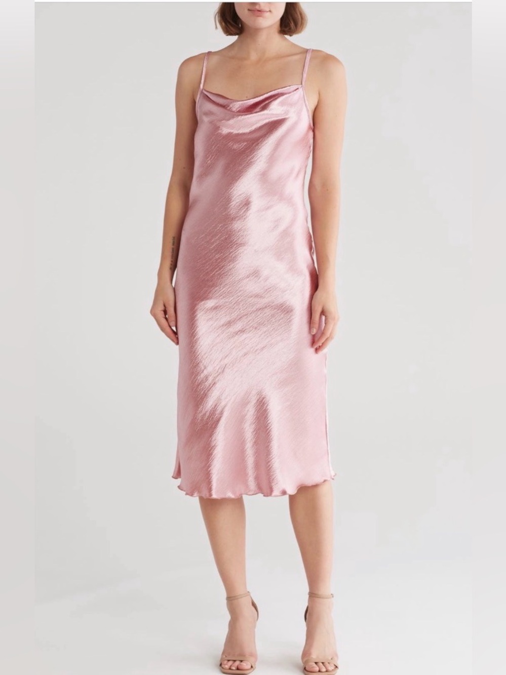 Bebe Dusty Rose Hammered Satin Cowl Neck Midi Slip Dress‎